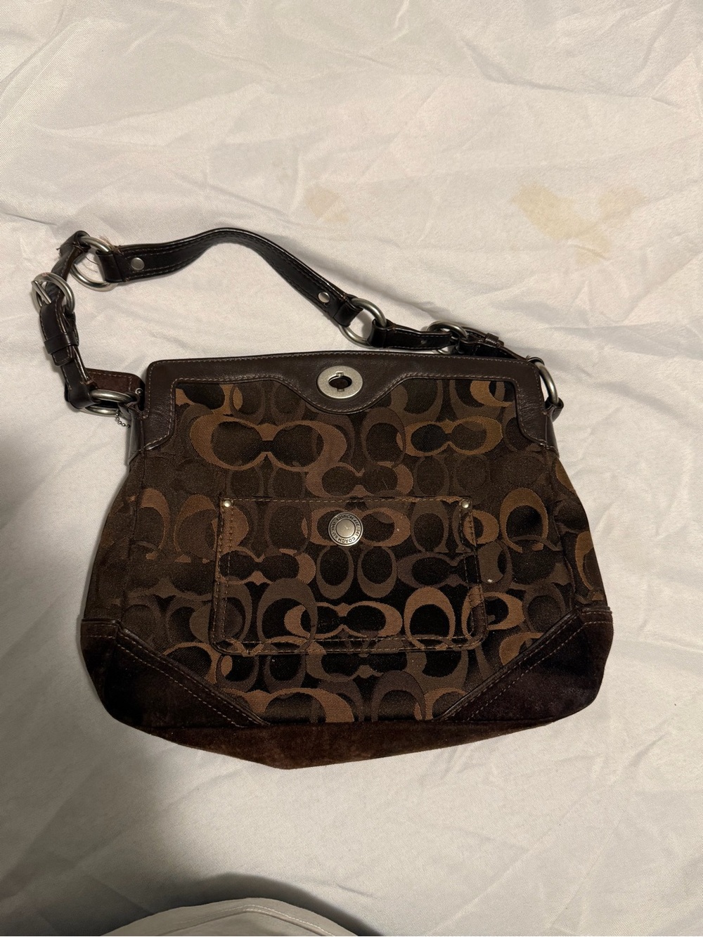 Coach Dark Brown Signature Canvas Shoulder Bag with Leather Trim